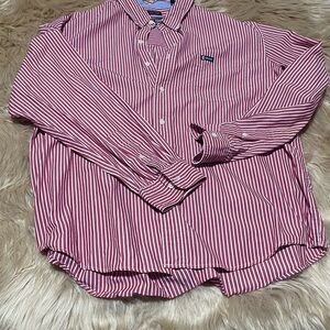 Chaps Red and White Striped Casual / Dress Shirt Button Down | Button Cuffs